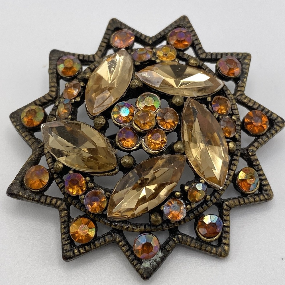 Unsigned Glass Brooch MCM Amber Rhinestone 1.75"